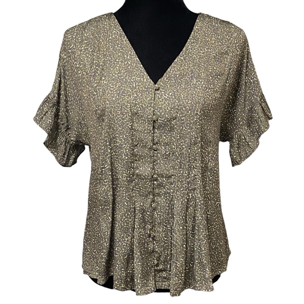 Dolan Green Satin Blouse XS Flutter Sleeve Button Front Boho Ruffle Festival Top